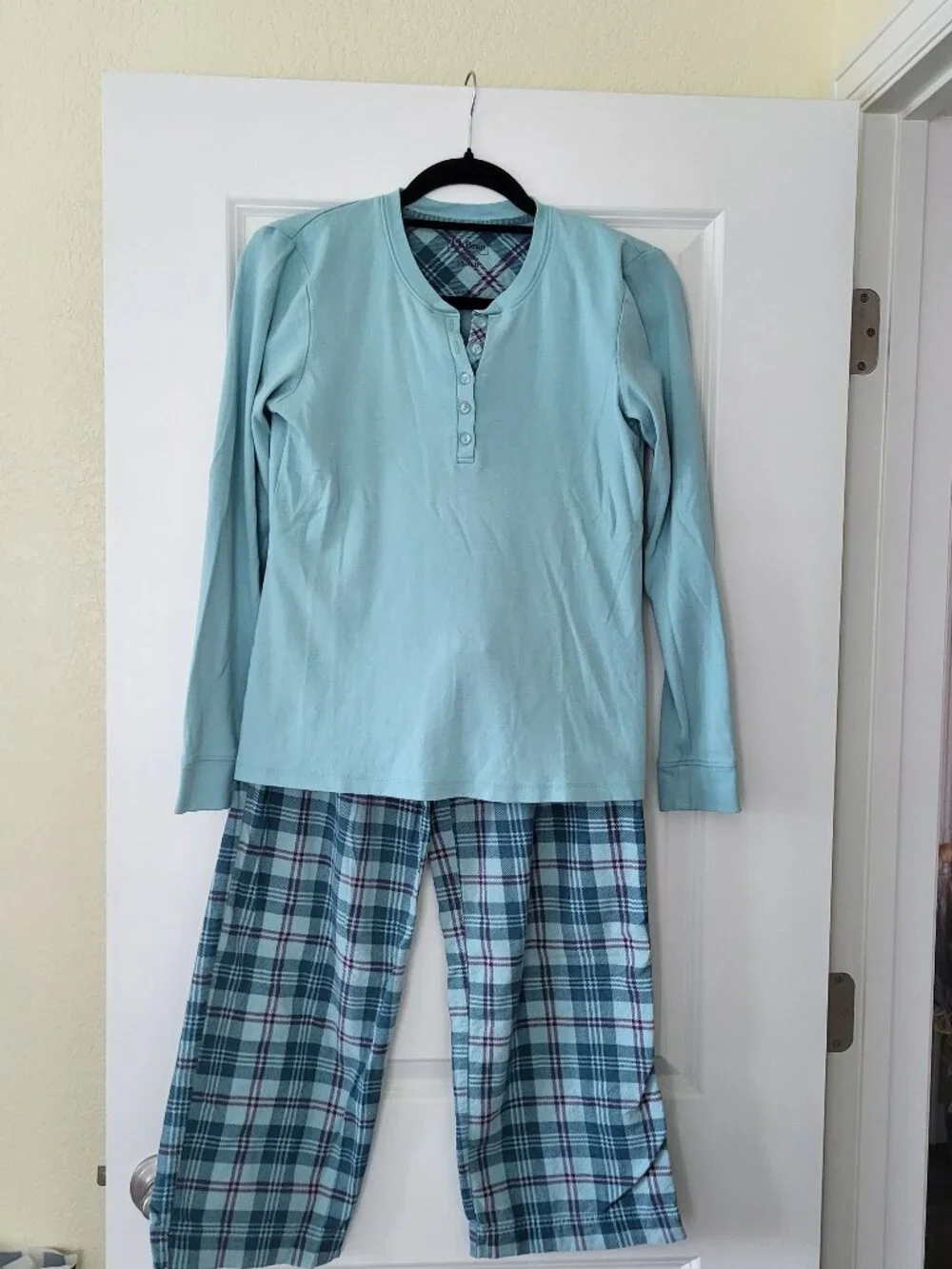 LL Bean Lounge Set Plaid Flannel Pants Henley Cotton Shirt Size X-Small Women's